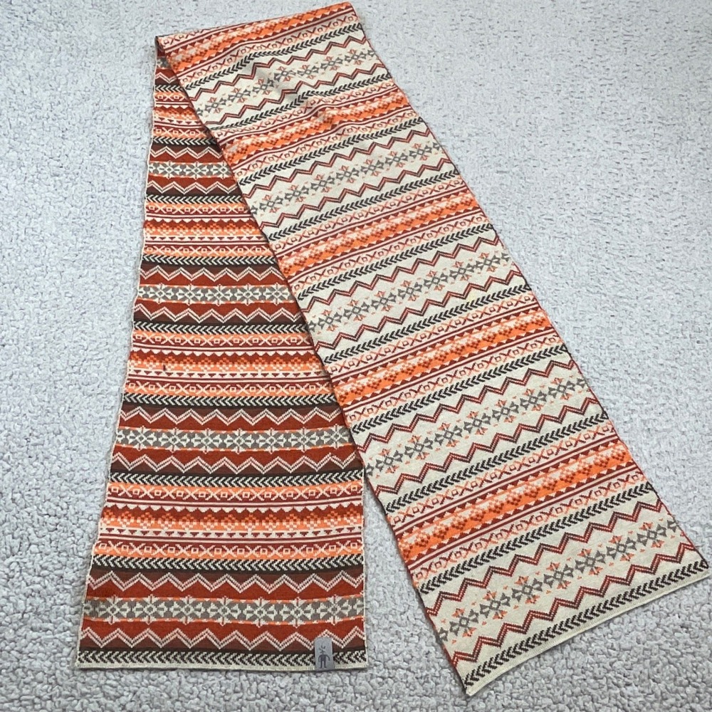 Smartwool Scarf Women Orange Brown Fair Isle 60 x 9.5 Merino Wool Knit Excellent